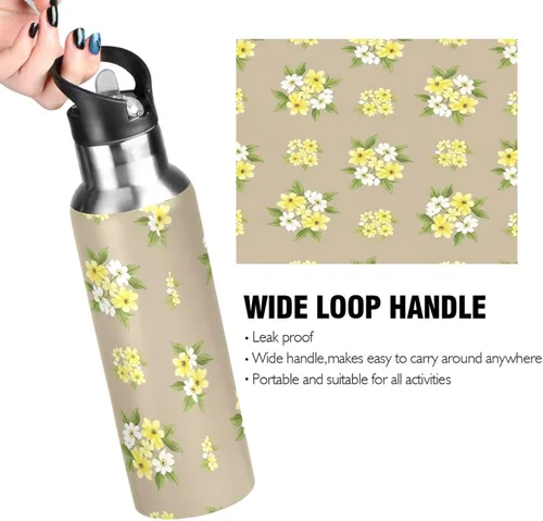 Miniatura 4 de Stainless Steel Vacuum Insulated Water Bottle 20 Oz, Leakproof Water Bottles for Gym Outdoor Travel School, Yellow White Flowers Beige