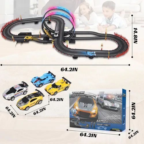 Miniatura 7 de Conjuntos de pistas de carreras de autos de ranura con 4 autos de carreras de alta velocidad, pista de carreras eléctrica de 20 pies para niños