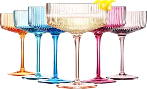 Miniatura 15 de Khen Copas Coupe Vintage Art Déco Acanaladas - Copas Acanaladas para Martini, Champán y Cóctel de 8 oz Bonitos Juegos de Cristalería - Cristalería