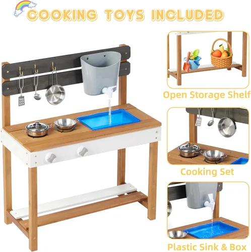 Miniatura 5 de Cocina de madera para niños, cocina de barro al aire libre con juego de agua y juguetes de cocina, juego en el patio trasero para niños de más de 3