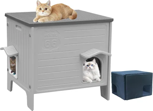 Miniatura 10 de Deblue Casa para Gatos de Exterior Resistente a la Intemperie Grande de Plástico Casas para Gatos con Puerta de Escape Interior Impermeable Refugio