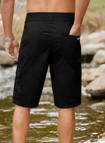 Miniatura 5 de JMIERR Pantalones cortos de sarga para hombre con cordón de algodón clásico elástico con 6 bolsillos