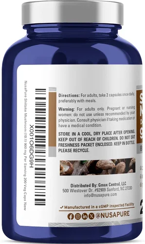 Miniatura 2 de NusaPure Extracto de hongos Shiitake 9000 mg 200 cápsulas vegetales (sin OMG, sin gluten)