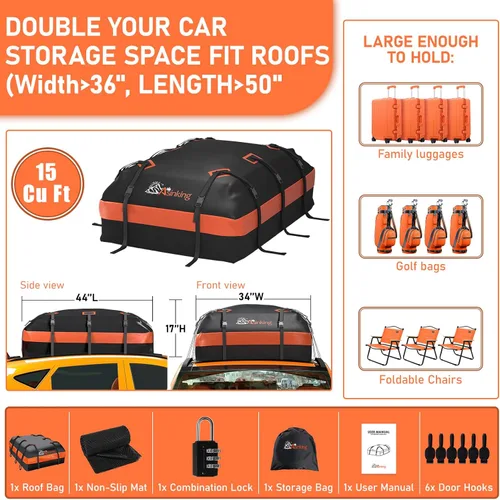 Miniatura 6 de Asinking Bolsa de techo para automóvil, bolsa de carga superior de 15 pies cúbicos, impermeable para todos los autos con/sin estante, incluye