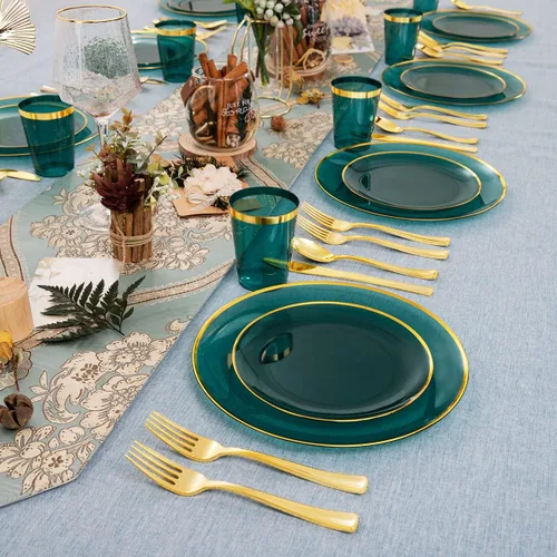 Miniatura 7 de LIYH - 180 platos navideños de plástico transparente y verde dorado, juego de vajilla de plástico desechable verde esmeralda, incluye platos
