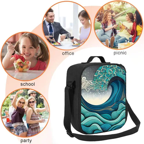 Miniatura 6 de Un patrón de ondas azules y verdes en el estilo. Lonchera portátil aislada, reutilizable, para mujeres, hombres, trabajo, picnic, campamento, 10.5 x