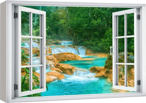 Miniatura 8 de wall26 - Cuadro en lienzo para pared, vista de ventana, río neón turquesa, rápido, bosque, lago, arroyo, naturaleza salvaje, fotografía, realismo
