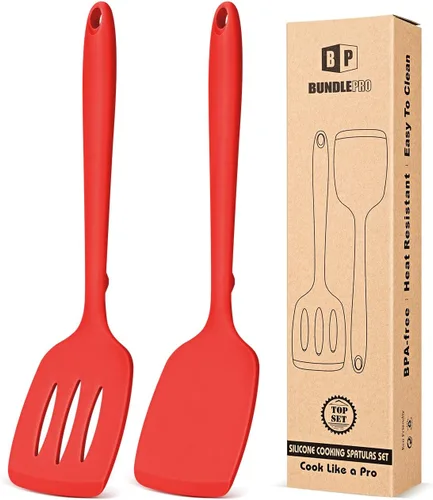Miniatura 10 de Paquete de 2 volteadores de espátula de silicona, juego de espátulas de cocina ranuradas antiadherentes, utensilios de cocina resistentes al calor