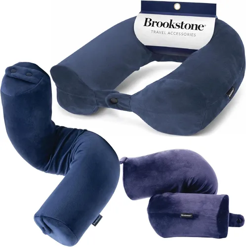 Brookstone Free Form Almohada de Viaje - Almohada de Cuello de Viaje de Espuma Viscoelástica Ligera y Flexible para Dormir, Automóvil, Avión y Azul