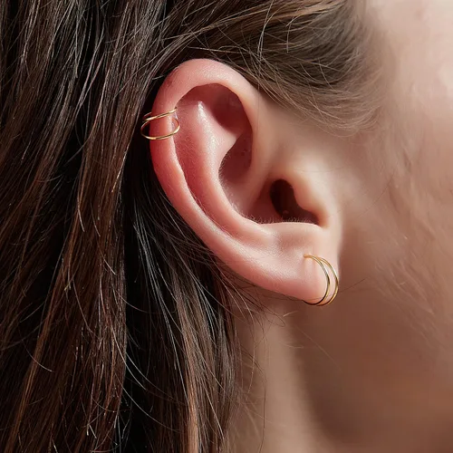 Miniatura 2 de Aretes de aro dobles pequeños de oro de 14 quilates para piercing individual Aretes de cartílago en espiral Aretes de doble piercing para mujer