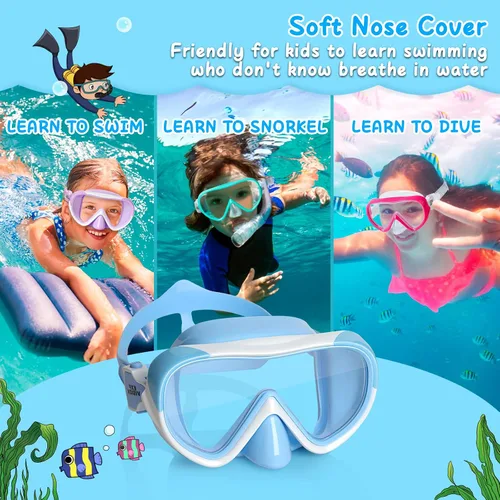 Miniatura 7 de Máscara de natación para niños, máscara de buceo de esnórquel de 180°, gafas de natación antivaho para niños con cubierta para la nariz, gafas