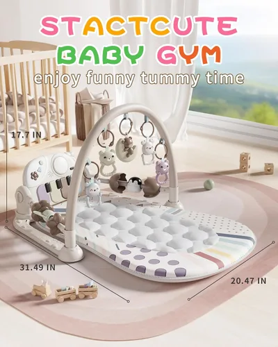 Miniatura 6 de Stactcute Tapete de juego para bebé, juguetes para bebés, gimnasio y tiempo boca abajo, tapete de actividad con piano con 5 juguetes sensoriales