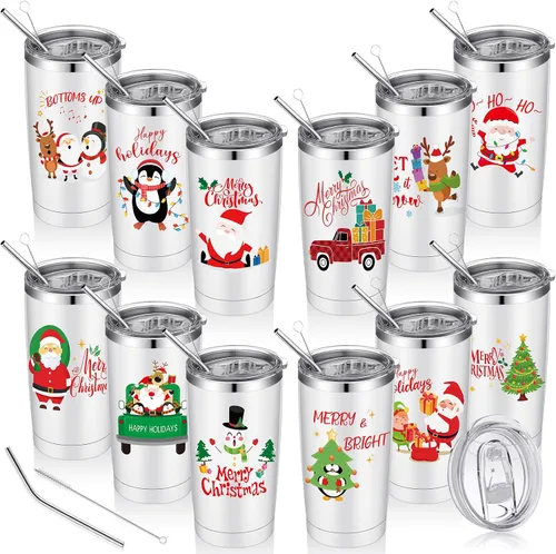 12 Piezas Vasos Navideños de Regalo 20oz Vaso de Viaje Navideño Taza Navideña de Acero Inoxidable Aislado Taza de Café con Tapa y Pajita para Regalo
