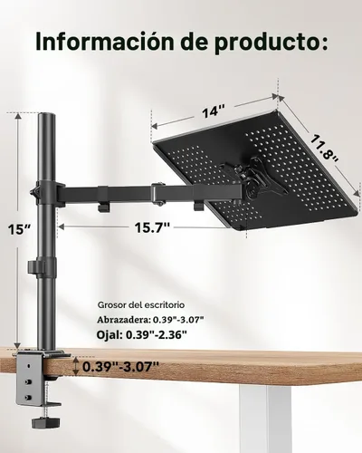 Miniatura 3 de HUANUO Soporte de escritorio para laptop - Brazo de monitor de 17" a 32", bandeja ventilada, totalmente ajustable con inclinación, giro y rotación