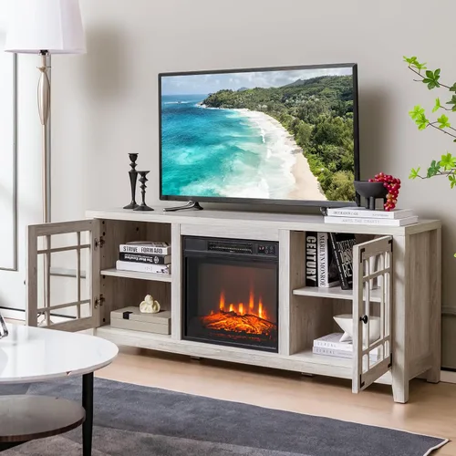 Miniatura 2 de GOFLAME Soporte de TV con chimenea de 58 pulgadas para televisores de hasta 65 pulgadas, consola de TV de madera con chimenea eléctrica de 18 Natural