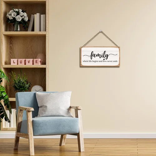Miniatura 4 de Letrero colgante de madera para decoración de pared familiar, letrero con texto en inglés «Family Where Life Begins And Love Never Ends» (A01)