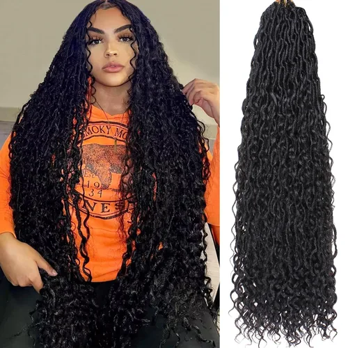 Miniatura 36 de COOKOO 14 pulgadas, 8 piezas de cabello de ganchillo Goddess Locs en total 112 hebras de pelo sintético negro natural de ganchillo de río hippie