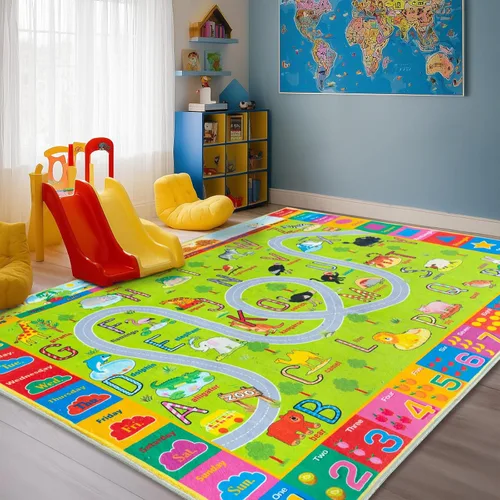 Miniatura 9 de Alfombra interactiva de juego para niños, de 4 x 6 pies, alfombra educativa para aprendizaje temprano con alfabeto, números, animales