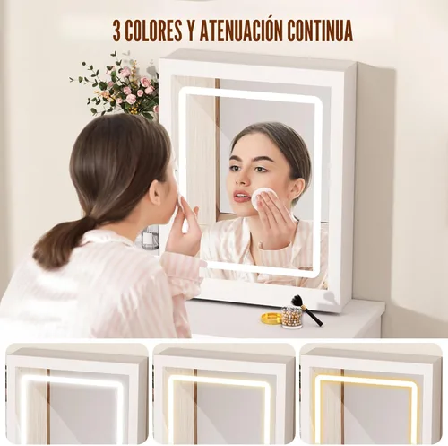 Miniatura 3 de Escritorio de tocador de maquillaje con espejo y luces, mesa de tocador con 4 cajones, 7 estantes y espacio extra oculto, tocador compacto