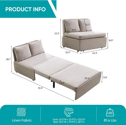 Miniatura 3 de BALUS Sofá cama extraíble tamaño individual de 43 pulgadas de ancho con camas extraíbles, sofá cama convertible 2 en 1 de lino con almohadas
