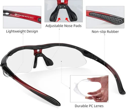 Miniatura 5 de ROCKBROS Photochromic Sports Sunglasses Mens Pickleball Glasses Cycling Glasses MTB Sunglasses, with Removable Elasctic Band Rojo