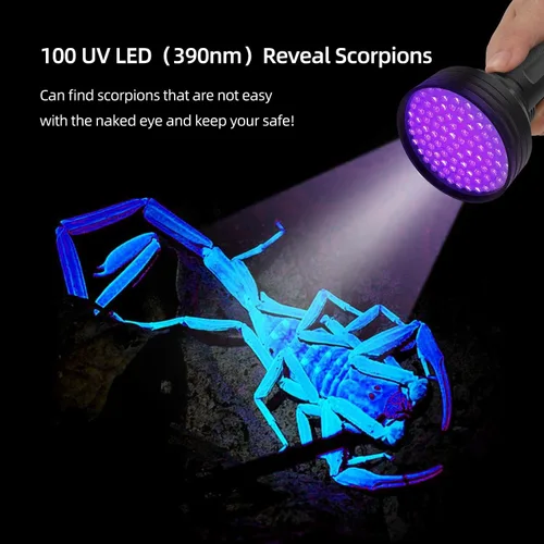 Miniatura 7 de Linterna UV de luz negra, 100 LED (390 nm), detector portátil de orina de mascotas para orina de perro/gato, manchas secas, chinches, batería