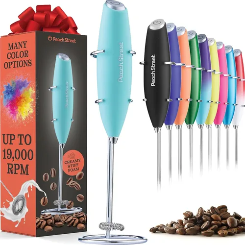 Espumador de leche de mano potente, mini espumador de leche, mezclador de bebidas con batería (no incluida) de acero inoxidable con soporte para