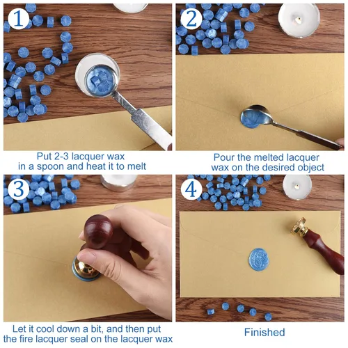 Miniatura 3 de Kit de 500 cuentas de sello de cera octágono azul cielo con 4 velas de té, 1 cuchara de fusión para manualidades, manualidades, letras, boda