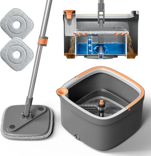 Juego de trapeador giratorio y cubeta con 2 almohadillas de trapeador de microfibra reemplazables con sistema de separación automática de agua sucia