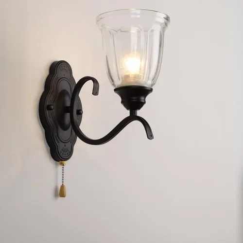 Miniatura 7 de Lámpara de pared con interruptor de cadena E27, retro, para dormitorio, mesita de noche, apliques de pared con pantalla de metal y vidrio, acabado