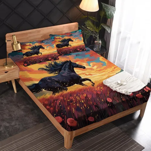 Miniatura 2 de Sábanas de caballo negro tamaño individual – Sábanas de cama de caballo galopante, microfibra suave, bolsillo profundo y sábanas estampadas sin