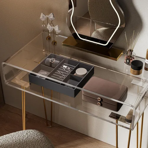 Miniatura 5 de Eglaf - Escritorio de acrílico para tocador, pequeña mesa de maquillaje con patas de metal dorado Clear Dressing Table for Bedroom, Dressing Room