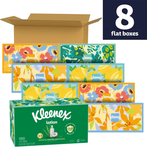 Miniatura 2 de Kleenex Loción de pañuelos faciales con aceite de coco, 8 cajas planas, 180 pañuelos por caja, 3 capas