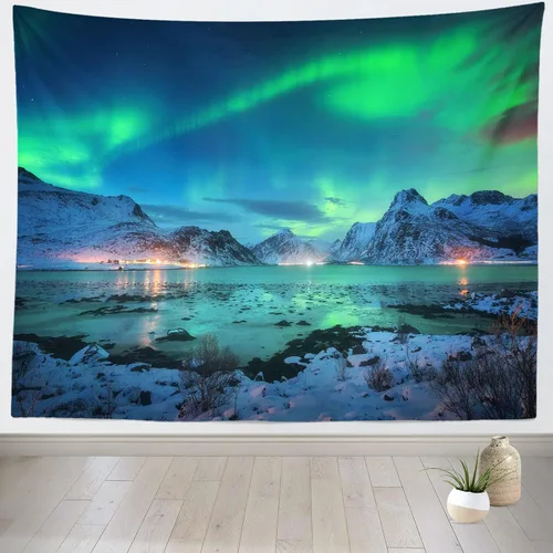 Miniatura 2 de BELECO Northern Lights - Tapiz de pared Aurora Borealis, 60 x 40 pulgadas, vista al lago y montañas de nieve, noche estrellada, tapiz de invierno