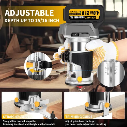 Miniatura 6 de JEXUGK Enrutador Inalámbrico Sin Escobillas, Enrutador de Madera Compacto de 21V con Batería de 2x4.0Ah, Enrutador de Palma Portátil Pequeña con 6
