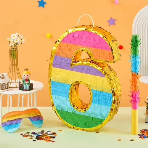 Miniatura 4 de Piñata arcoíris número 6 para decoraciones de fiesta de 6º cumpleaños, fiesta, celebración de niños, piñata de cumpleaños con palo, venda y confeti