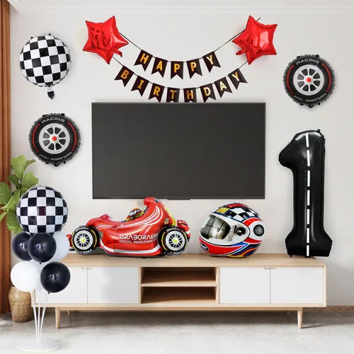Miniatura 6 de Piokio 9 globos de auto de carreras, globos negros número 1 a cuadros para decoración de fiesta temática de primer cumpleaños de carreras