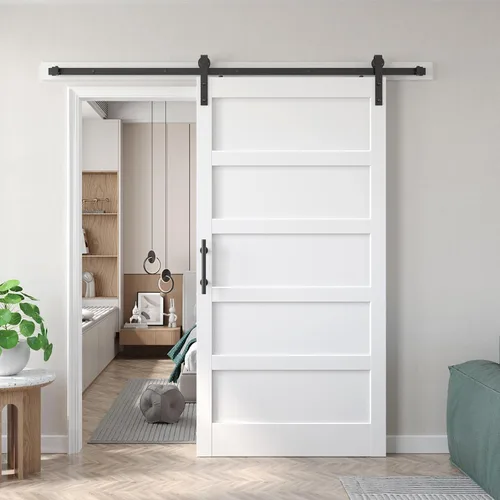 Miniatura 42 de Fredbeck Puerta de granero blanca de 30 x 84 pulgadas con kit de herrajes para puerta corredera de 5.5 pies incluido y asa, sólida, MDF, superficie
