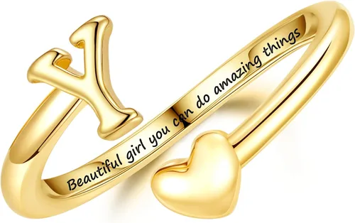 Miniatura 27 de Turandoss Regalos para el día de San Valentín para adolescentes, anillos de oro para niños, chapados en oro de 14 quilates con inicial para letra A