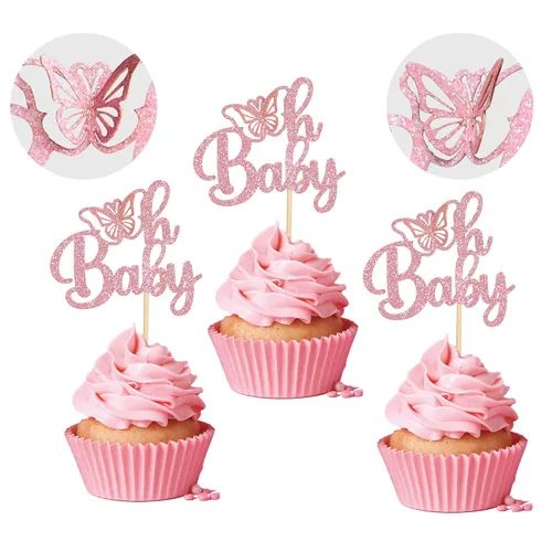 Miniatura 10 de Gyufise 24 piezas de decoración de mariposa rosa claro con purpurina Oh Baby Butterfly - Decoración de mariposa para baby shower Girl - Suministros