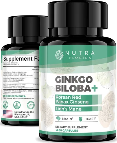 Suplementos de ginkgo biloba de 120 mg con ginseng rojo coreano 300 mg y hongo melena de león 1000 mg cápsulas vegetarianas sin OMG y sin gluten,