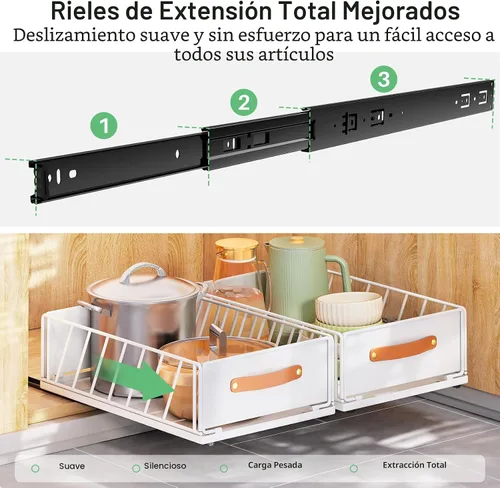 Miniatura 3 de Organizador de gabinete extraíble, estantes de despensa deslizables de alta resistencia con nano película adhesiva, cesta de gabinete de malla Blanco