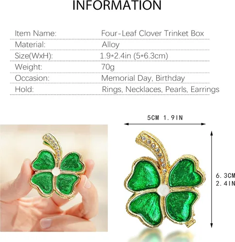 Miniatura 3 de YU FENG Cajas de baratijas de trébol de cuatro hojas con bisagras, esmaltadas con joyas, caja decorativa de flores para anillos coleccionable
