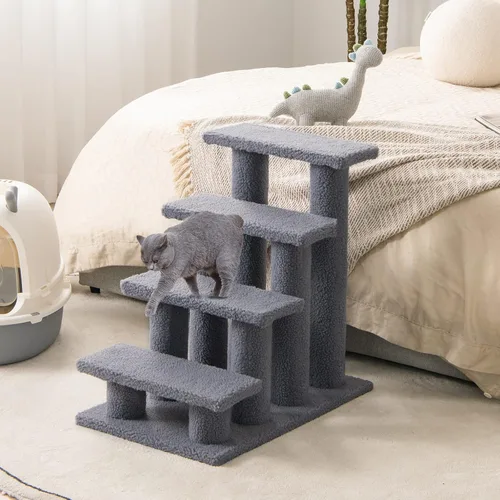 Miniatura 3 de Tangkula Escaleras para mascotas para gatos y perros, rampa de escalera alfombrada de 4 escalones, poste rascador para gatos, escaleras de varios
