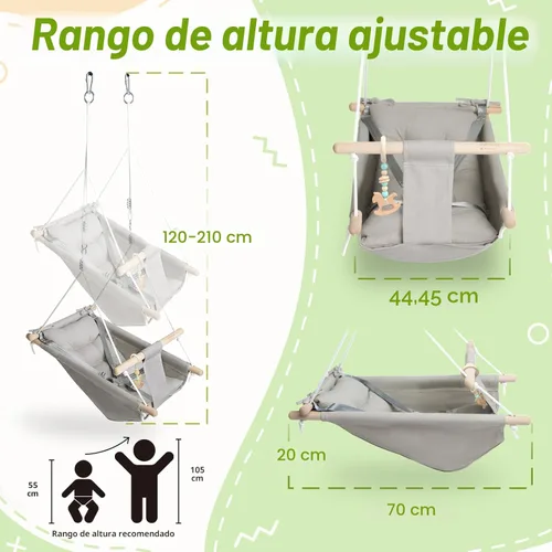 Miniatura 5 de Columpio para bebé interior y exterior, columpio de hamaca de lona para bebé a niño pequeño con un asiento cómodo, juguete de madera tipo macarrón