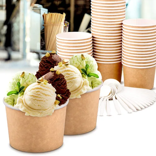Miniatura 7 de Promora Tazas de helado de papel desechables de 12 onzas, 50 unidades + cucharas, cuencos para sopa caliente/postre con cucharas, perfectas