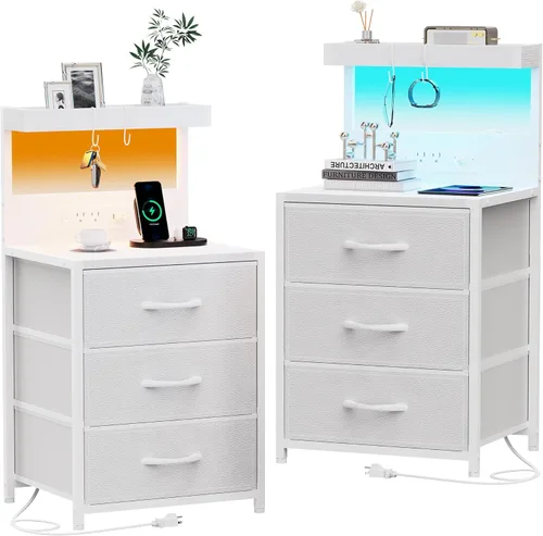 Miniatura 11 de SZLHANJZ - Mesita de noche LED con estación de carga, mesita de noche con 3 cajones y luces, mesa auxiliar de almacenamiento con estante y ganchos