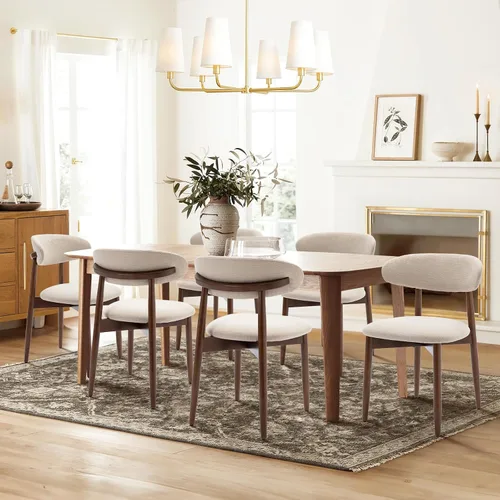 COLAMY Juego de 6 sillas de comedor de madera, silla de comedor tapizada en tela moderna, sillas laterales de cocina de granja con reposapiés, beige