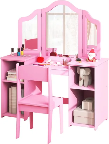 Miniatura 13 de Costzon Tocador para Niños, Juego de Escritorio y Silla de Maquillaje de Princesa 2 en 1 con Espejo Tri-Plegable, 4 Cubos de Almacenamiento, Mesa