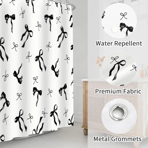 Miniatura 4 de Cortina de ducha con lazo negro, bonito lazo coqueto, cortinas de ducha en blanco y negro para niñas, cortina de baño de tela de poliéster